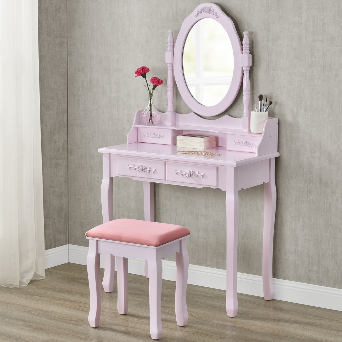 Goleto Originální vintage toaletní stůl se zrcadlem Mira | růžový | II. jakost - doprodej |