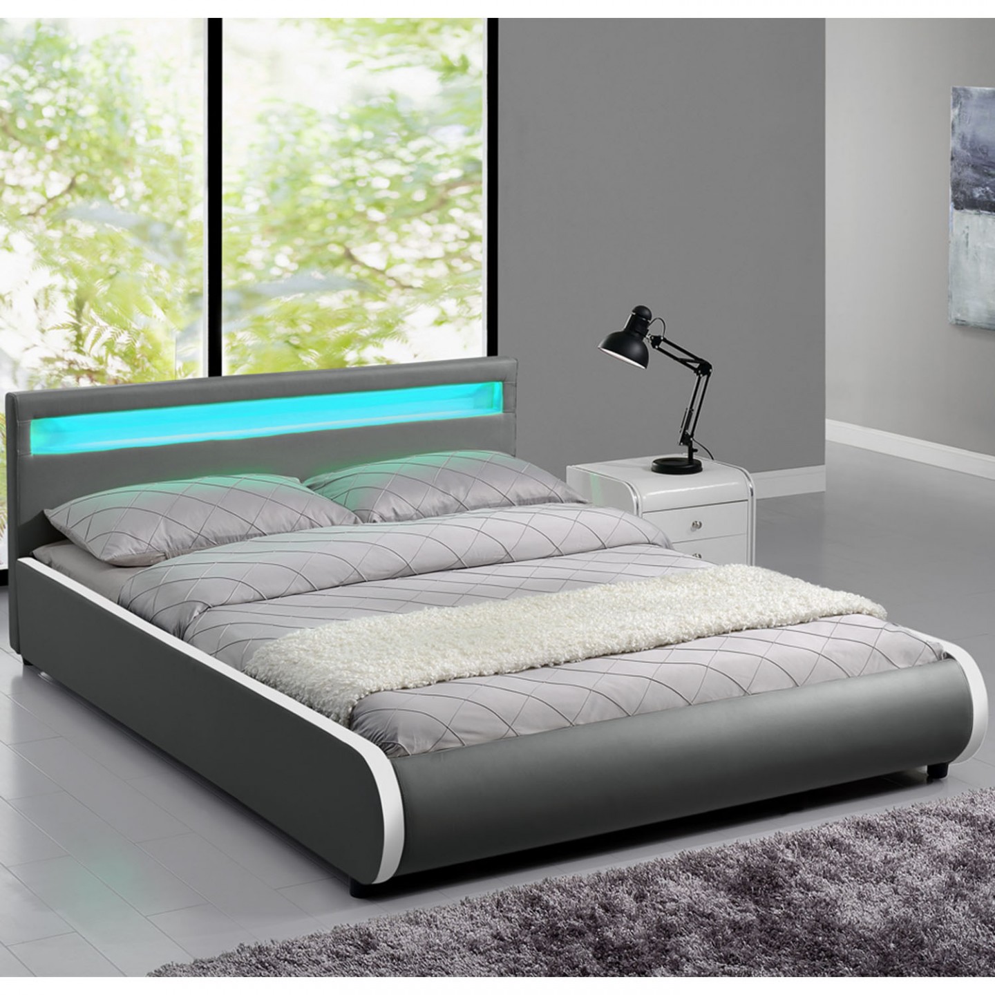Goleto Čalouněná postel Sevilla 140 x 200 cm s LED osvětlením | tmavě šedá