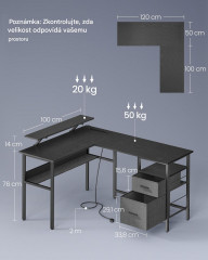 Rohový počítačový stůl s LED a elektrickými zásuvkami č.3