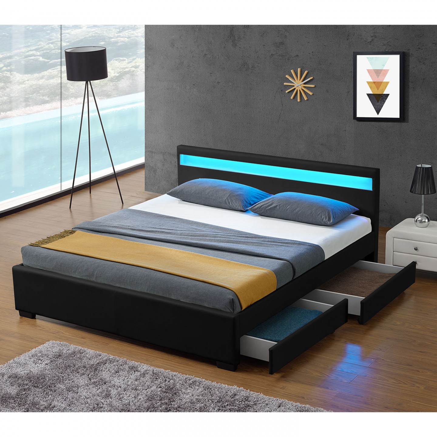 Čalouněná postel Lyon s úložným prostorem a LED osvětlením 140 x 200 cm | černá