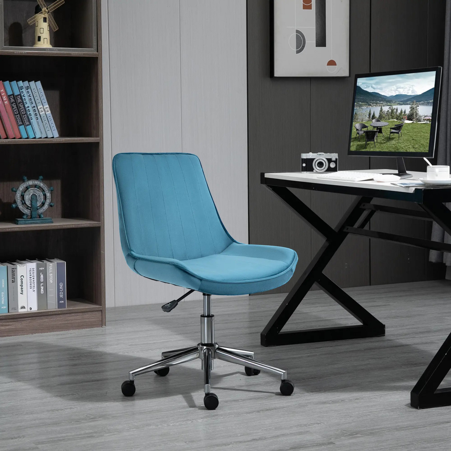 HOMCOM Otočná výškově nastavitelná židle 52,5x60x82-91 cm | modrá